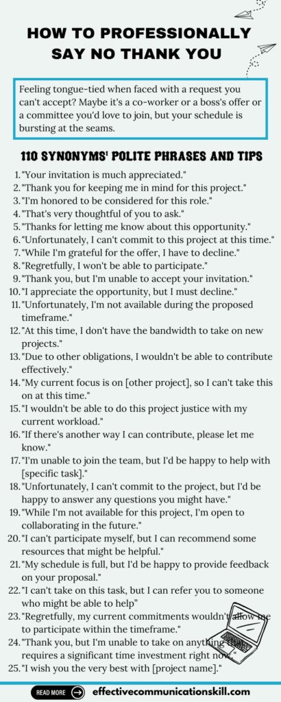 How to Professionally Say No Thank You - 110 synonyms, polite phrases and tips 2 How to Professionally Say No Thank You