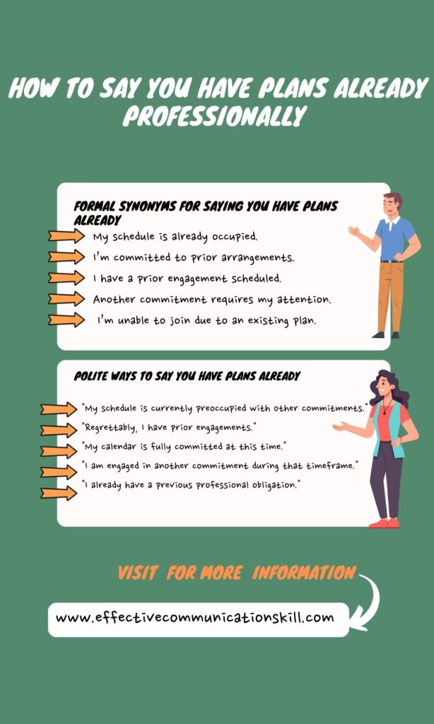 How to Say You Have Plans Already Professionally (200 Formal Synonyms, Phrases and Sentences) 1 you have plans already